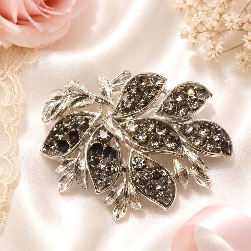 Vintage Silver Tone Gray Rhinestone Leaf Cluster Brooch